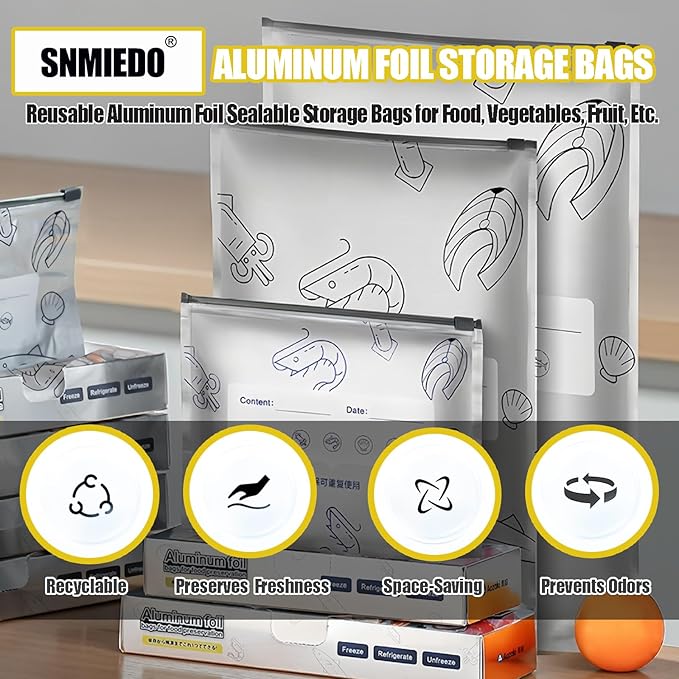 SNMIEDO Reusable Aluminum Foil Sealable Storage Bags - Freezer Ziplock Bags - Foil Sealable Bags for Food, Vegetables, Fruit, Meat, Snacks, Bread, Seafood Preservation