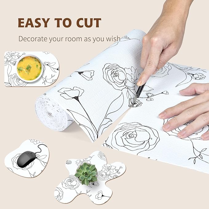 Shelf Liners for Kitchen Cabinets 12in x 20FT Non Adhesive Drawer Liner Black and White Floral Thickened Shelf Liner Paper Strong Non-Slip Easy to Clean for Tool Box with Knife and Tape Measure