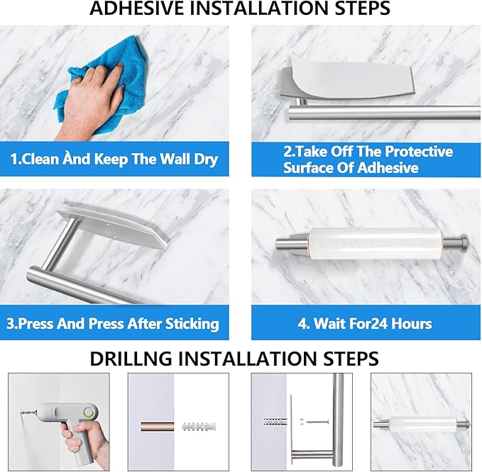 Paper Towel Holder, Self Adhesive or Drilling Paper Towel Holder Under Cabinet for Kitchen, Bathroom, Sink, Pantry, Fridge, Stainless Steel Paper Towel Roll Rack (Silver)