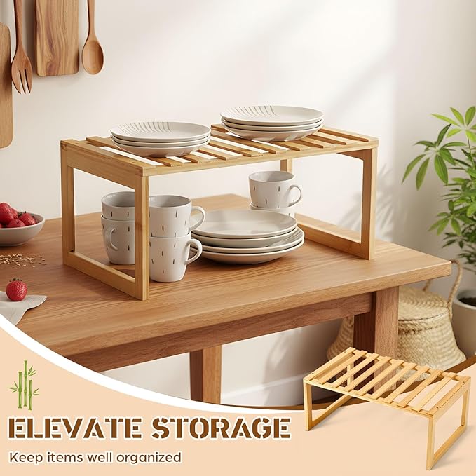 2 Pcs Kitchen Cabinet Organizer Bamboo Bookshelf Bamboo Kitchen Shelves, Cabinet Shelf Organizer, Storage Shelves for Pantry Bathroom Dining Room Study Laundry
