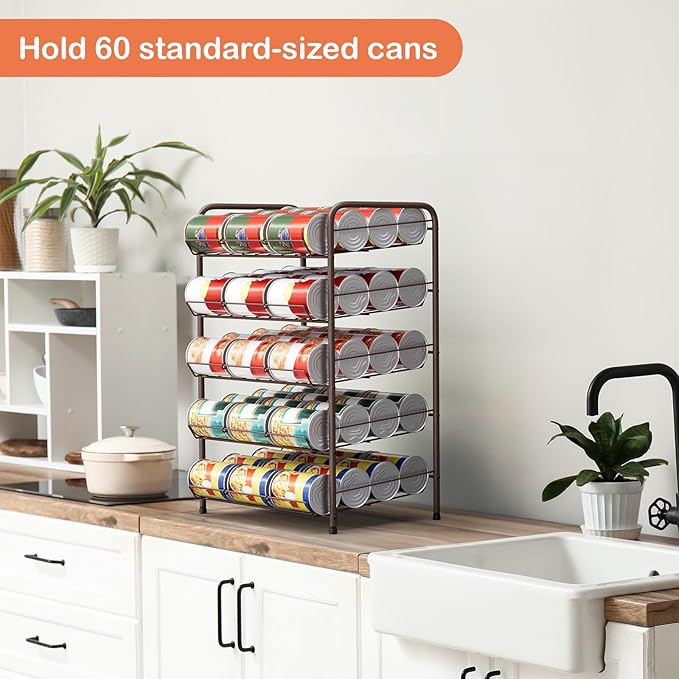 smusei Can Holders Organizer for Pantry 5-Tier Can Storage for Pantry Shelf Hold up to 60 Cans with Rack Dispenser for Countertop Kitchen Shelf, Soda Drinks, Rustic Brown