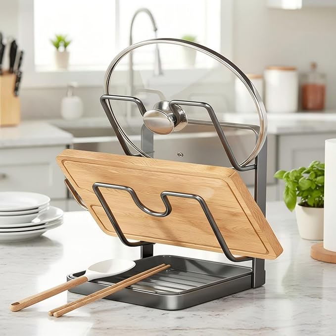 Pot Lid Organizer, Pot Lid Holder, Kitchen Pots Lids Storage Rack, Pots Cover Holder Rack, Pan Lids Holders While Cooking, For Various Lids and Utensils, With Removable Drip Tray (grey- A)