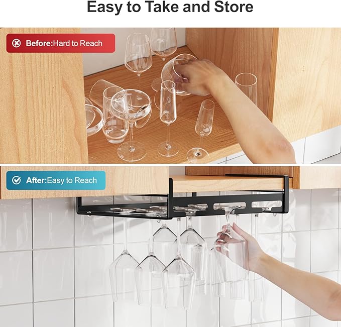 iSPECLE Wine Glass Holder - 3 Rows Under Cabinet Stemware Rack Holds 9 Wine Glasses Upside Down, Quick Access & Tidy Storage for Bar Kitchen, Black