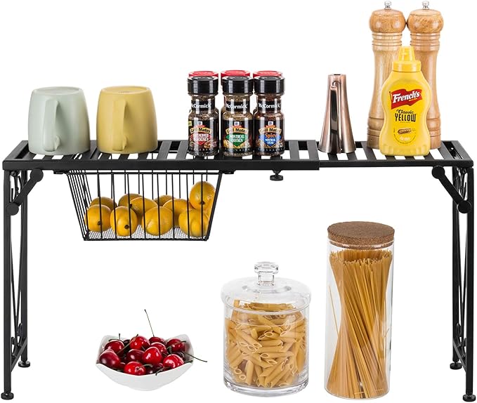 MyGift Over Sink Shelf with Pull Out Drawer, Expandable Black Metal Kitchen Over The Sink Shelf Rack, Bathroom Storage Shelf Riser with Scrollwork Design