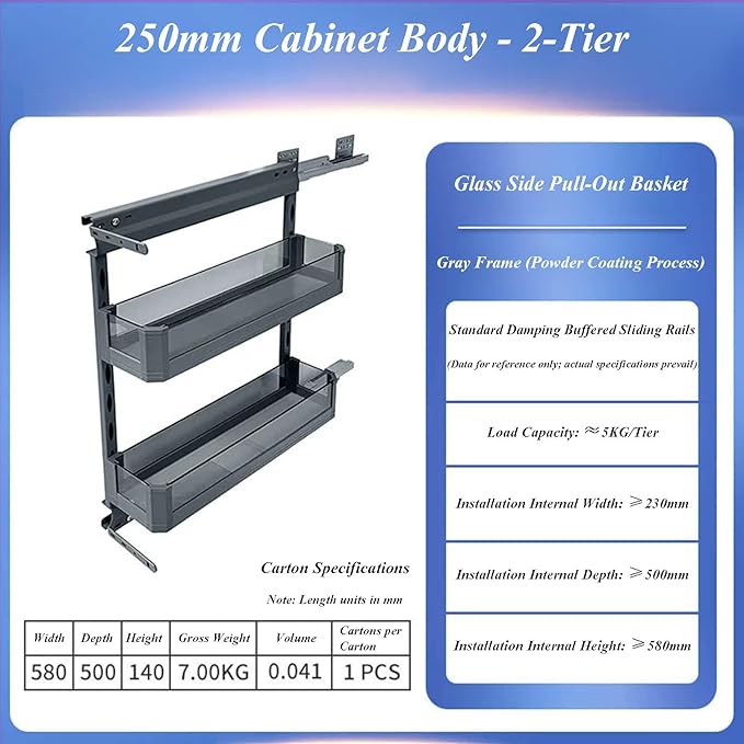 2-Tier Kitchen Cabinet Pullout Shelf and Drawer Orga Slide Out Pantry Storage Basket in Multiple Sizes, Narrow Multi-Layer Storage Rack，2 Tier，2 Tier-250mm Cabinet