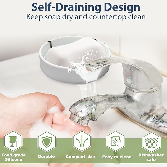 Self Draining Soap Dish, Silicone Soap Holder with Suction Cup and Drain Spout, Kitchen Bathroom Sink Organizer, Dish Soap Bar Tray Savers Sponge Holder, Perfect for Dispenser, Scrubber, Bottle, Cup