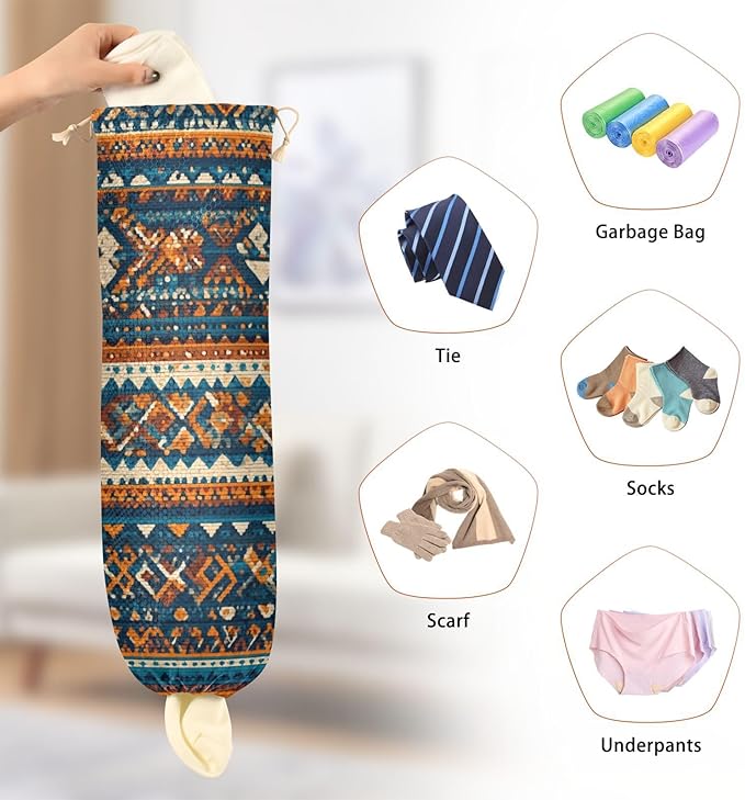 Plastic Bag Holder Wall Mount Grocery Bag Shopping Bag Storage Holder Organizer Dispenser with Adhesive Hook,for Kitchen Bathroom Home Decor 9x22 Inches Blue Brown Retro Pattern Bohemian21