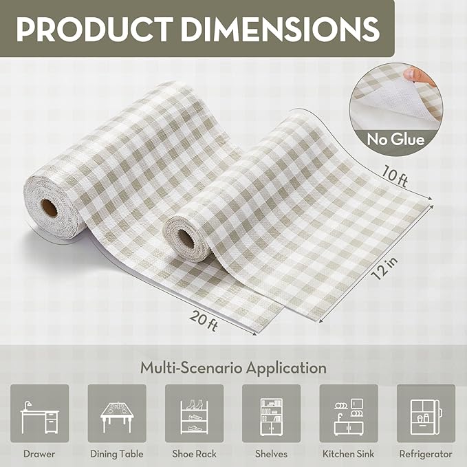 Aohoofull Drawer and Shelf Liner, Non-Slip Kitchen Cabinet Liners Non-Adhesive Thick Strong Grip Waterproof Washable Mats Protect Dresser Shelves Cupboard Bathroom Cabinets, Green Plaid, 12 in X 20 FT