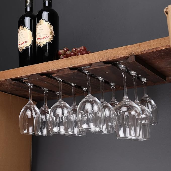 Wine glass holder-a wooden wine glass rack and goblet storage rack installed under the cabinet or countertop (Retro color)
