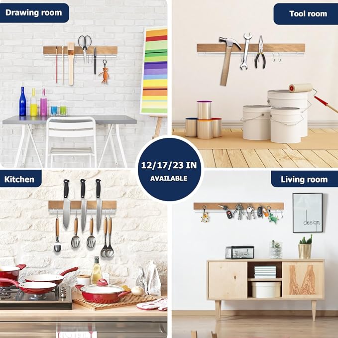 Dmore magnetic knife holder for wall—with 15 hooks, No Drilling 23 Inch Wood knife magnetic strip, Extra Strong Magnet knife rack, include Adhesive Tape and screws for Knives and Tools