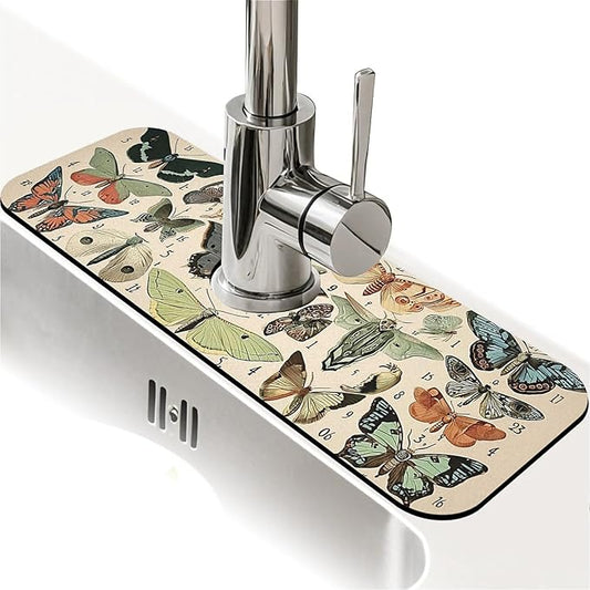 Kitchen Sink Splash Guard，moths and butterflies Faucet Mat Sink Gadgets-Super Absorbent Fast Drying Mat Drip Catcher for Kitchen, Bathroom,Sink Mat, Dish Drying Mat, Bathroom(15" X 5.5" )