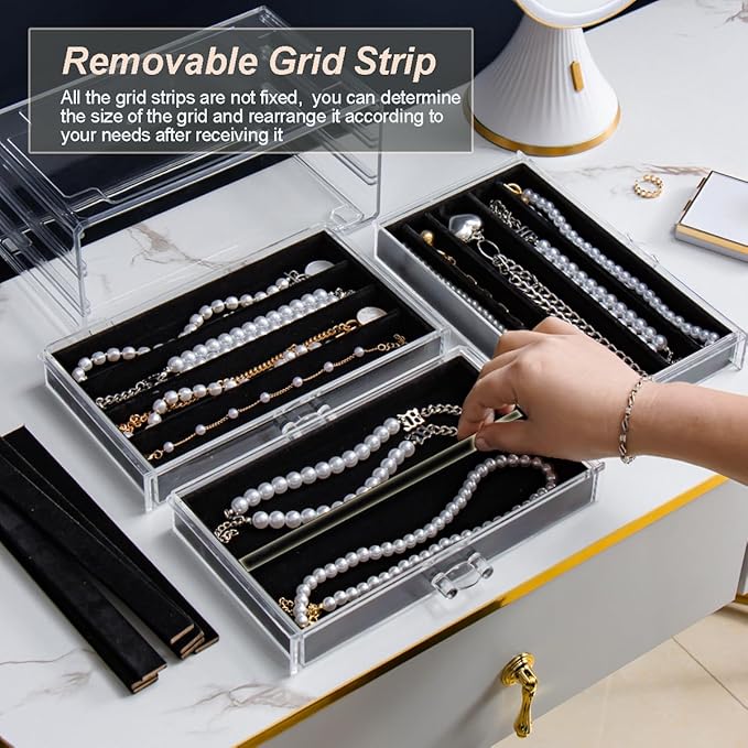 Necklace Holder Organizer, Dustproof Necklace Box Velvet Necklace Organizer Box with Lid Clear Acrylic Dustproof Stackable Jewelry Displays for Necklaces Chain Display (Black, 5 Drawer)