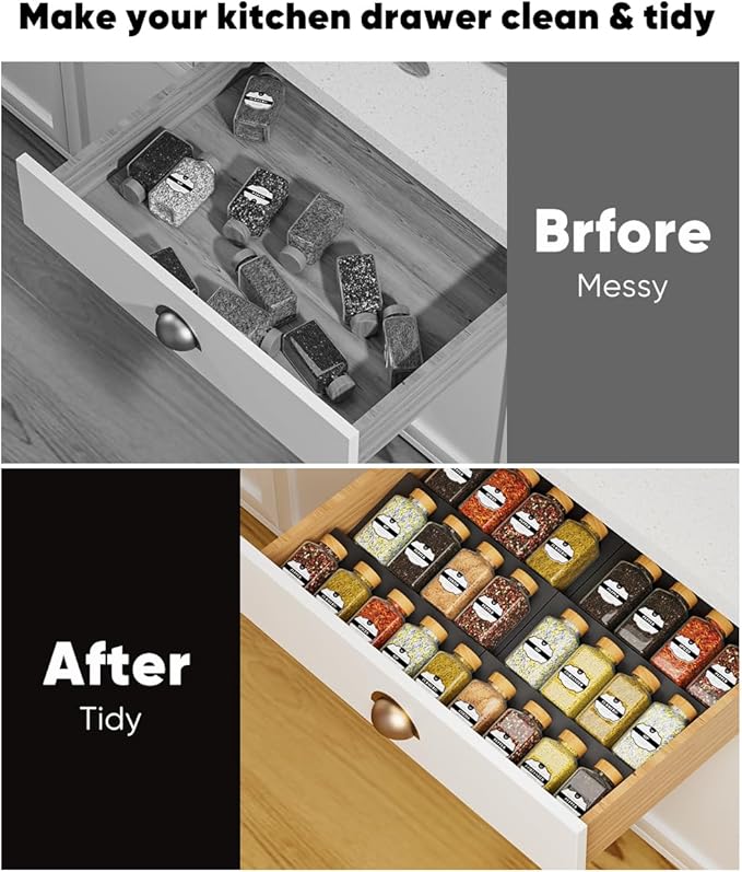 Artibear ABS Spice Drawer Organizer, Spice Rack Tray for Kitchen Cabinet, 9 Pieces Set-Expandable Seasoning Storage Rack From 8"-24" Insert for Drawer/Countertop (Jars Not Included)