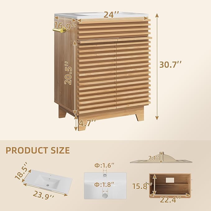 VNN 24 Inch Bathroom Vanity with Ceramic Sink - Freestanding Storage Cabinet with Fluted Design, Soft-Close Doors and Shelves, Compact Modern Storage for Small Bathrooms/Powder Rooms, Natural Oak