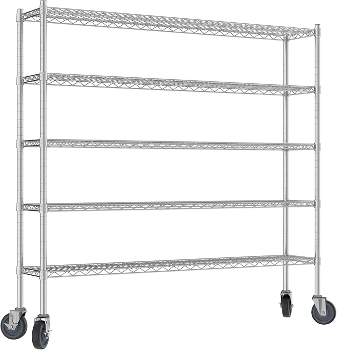 Commercial NSF Listed Chrome Mobile Wire Shelving Kit 12" x 60" x 60", with 5 Shelves Perfect for Warehouse, Walk-in Refrigerator, Freezer, Grocery Store, Restaurant, Dishroom