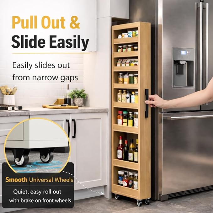 7 Tier Slim Rolling Storage Cart with Wheels, Narrow Storage Cabinet for Small Spaces, Mobile Spice Rack Organizer for Kitchen, Pantry, Baking Room, Dining Room(Wood,7.9"x19.7"x72.4")