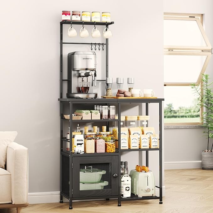SWTYMIKI Bakers Rack with Storage - Coffee Bar Cabinet Organizer with 8 Hooks, Shelves & Cabinet Door, Coffee Station for Kitchen Dining Room, Microwave Stand with Adjustable Feet, Black