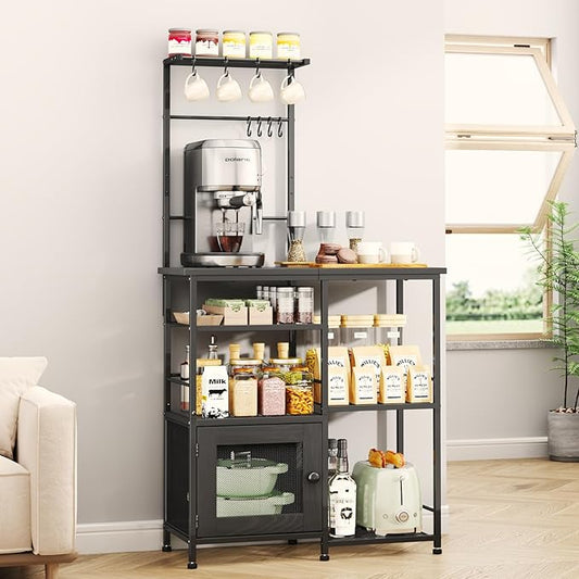 SWTYMIKI Bakers Rack with Storage - Coffee Bar Cabinet Organizer with 8 Hooks, Shelves & Cabinet Door, Coffee Station for Kitchen Dining Room, Microwave Stand with Adjustable Feet, Black