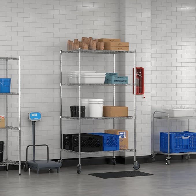 Commercial NSF Listed Chrome Mobile Wire Shelving Kit 30" x 42" x 80", with 4 Shelves Perfect for Warehouse, Walk-in Refrigerator, Freezer, Grocery Store, Restaurant, Dishroom