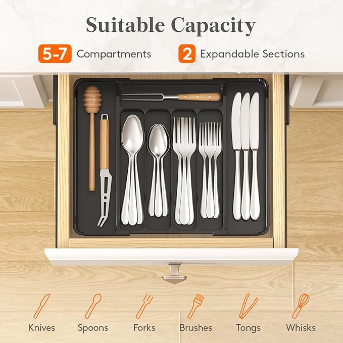 Lifewit Expandable Utensil Tray for Kitchen Drawer, Adjustable Silverware Organizer, BPA Free Plastic Cutlery Holder for Spoons Forks Knives, Black, Fits 8 to 14 Inch