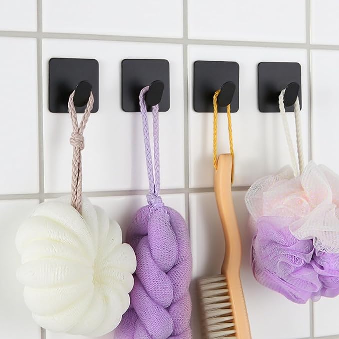 Stainless Steel Adhesive Hooks Black - 304 Metal Wall Hooks Hanger for Hanging Towel Coat Hat Shower Hooks, Robe Hook Rack Stick on Toliet Bathroom Bedroom Office or Kitchen Wall Mount (4 Packs)