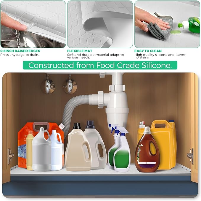 TRZZ Silicone Waterproof Under Sink Mat 22" x 19", Drip Tray and Cabinet Liner for Kitchen and Bathroom, Prevents Water Damage and Organizes Cabinets (Light Grey)