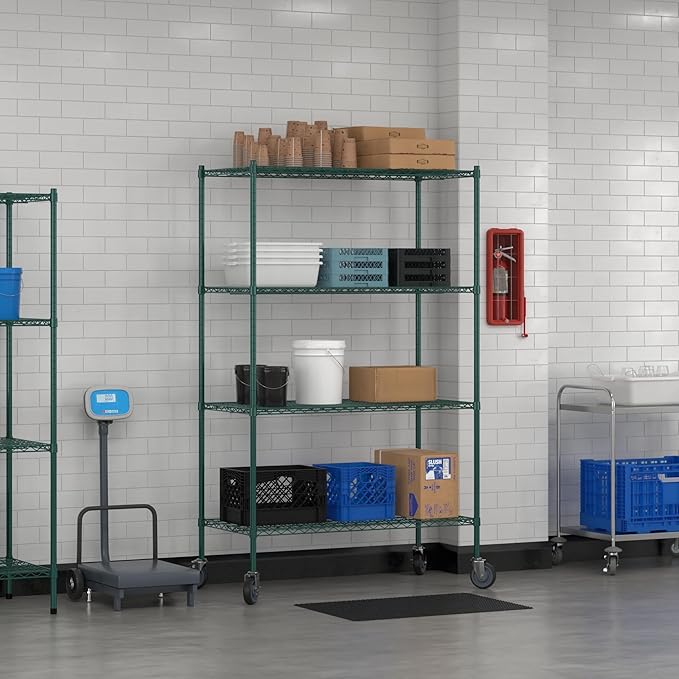 Commercial NSF Listed Green Epoxy Mobile Wire Shelving Kit 24" x 48" x 80", with 4 Shelves Perfect for Warehouse, Walk-in Refrigerator, Freezer, Grocery Store, Restaurant, Dishroom