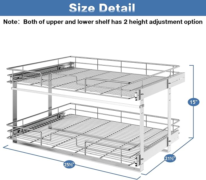 ROOMTEC Pull Out Cabinet Organizer (25½"W x 21½"D),2 Tier Pull Out Storage Shelf Drawer Basket,Sliding Shelves for Base Cabinet Organization in Kitchen, Bathroom, Pantry