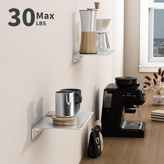 Danpoo Adhesive Floating Shelves for Wall Storage, Metal Wall Shelves, Small Bathroom Shelves Wall Mount, 8" Mini Display Shelves for Collectibles(Silver, 2PCS)