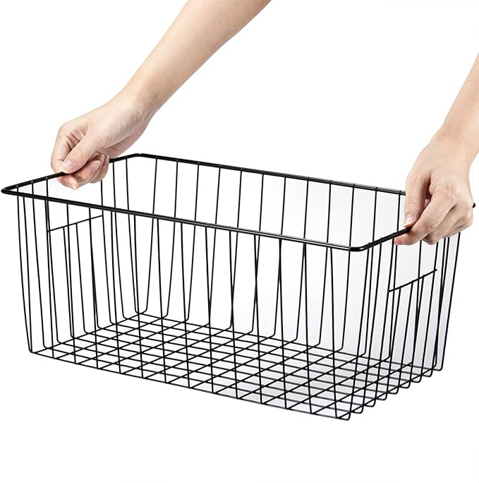 Y.Z.Bros 16" L x 12" W Wider Freezer Storage Organizer Baskets Container, Metal Wire Chest Upright Refrigerator Divider Bins with Built-in Handles for Cabinet, Pantry, Closet, Kitchen, Black