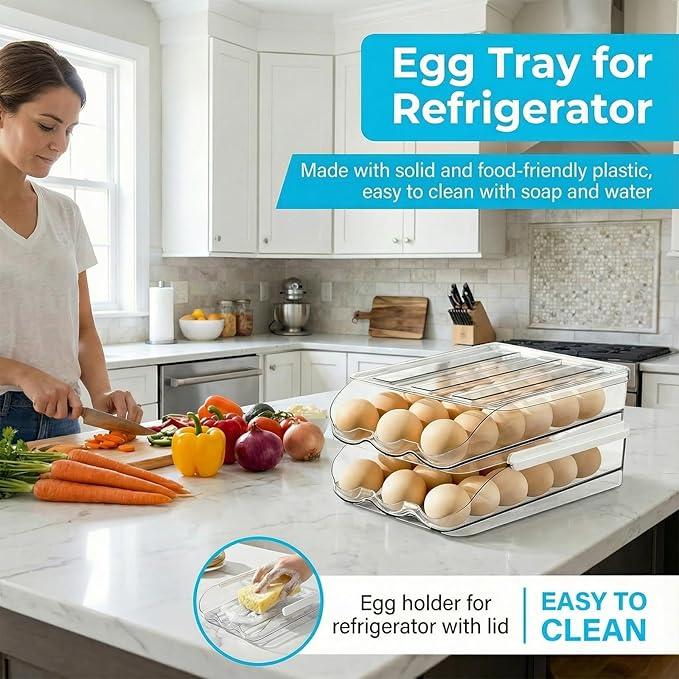 2 Tier Egg Holder for Refrigerator with Lid, Large Capacity Holds 36 Eggs in Clear Plastic Container Stackable Bin Organizer for Kitchen Storage, Refrigerator, Countertop