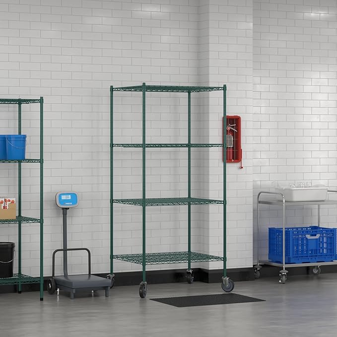 Commercial NSF Listed Green Epoxy Mobile Wire Shelving Kit 30" x 36" x 80", with 4 Shelves Perfect for Warehouse, Walk-in Refrigerator, Freezer, Grocery Store, Restaurant, Dishroom
