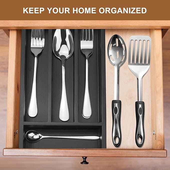 Small Cutlery Tray Narrow Wooden Silverware Organizer 12"x6.7" Spoon Kitchen Utensil Holder for Drawer Divider Bamboo Cutlery Drawer Organizers Storage Black Wood Silverware Tray Flatware Organizer
