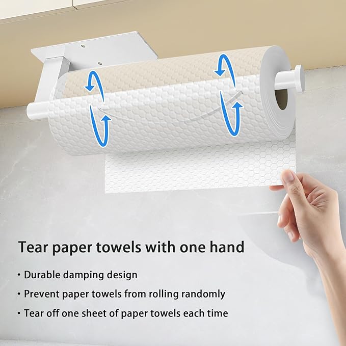 Paper Towel Holder Under Cabinet, Single Hand Operable Tearing Off Paper Towels with Damping Effect, Both Available in Adhesive and Screws, Stainless Steel (White)