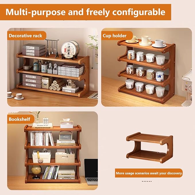 Kitchen Countertop Organizer Bamboo Wooden Counter Storage Shelf Rack, Multifunctional Freestanding Shelf Unit for Bathroom (MJ-2Brown-US)