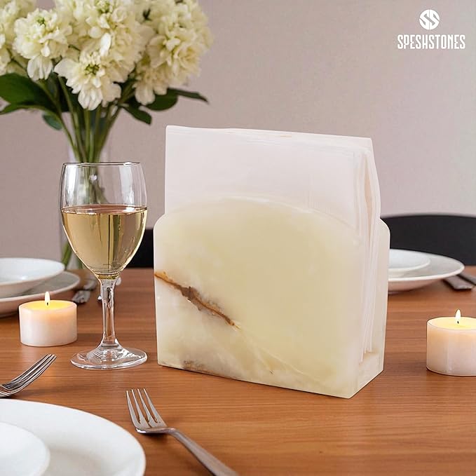 Marble Napkin Holder 6.5 Inch Handmade White onyx Stone Organizer for Tissue Paper & Cocktail Napkins, Coffee Bar Table, Bathroom, Gifts, Kitchen Countertop & Home Decor