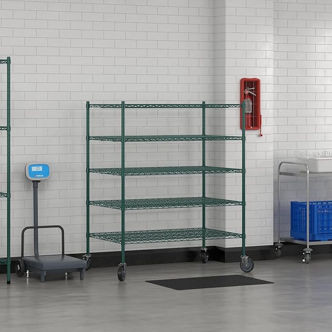 Commercial NSF Listed Green Epoxy Mobile Wire Shelving Kit 30" x 48" x 60", with 5 Shelves Perfect for Warehouse, Walk-in Refrigerator, Freezer, Grocery Store, Restaurant, Dishroom