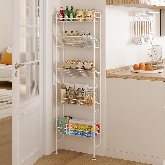 bukfen Narrow Spice Organizers, Slim Behind The Door Organizers,5-Tier Narrow Bathroom Shelf,Slim Corner Shelf,Space-Saving Multi Functional Storage,Spice Racks