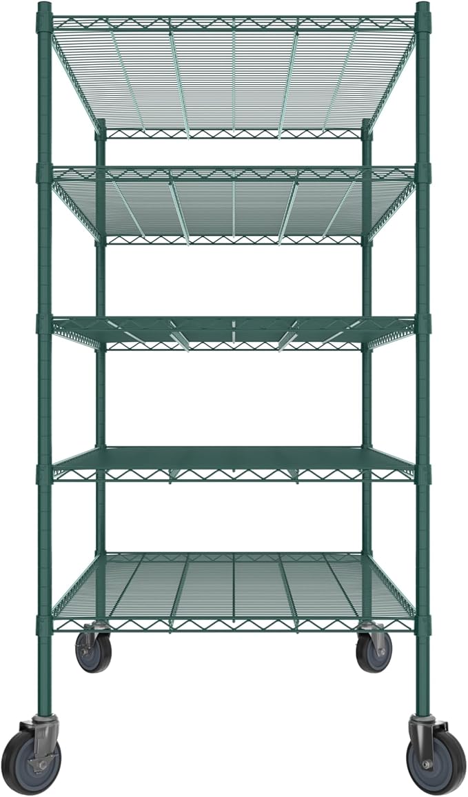 Commercial NSF Listed Green Epoxy Mobile Wire Shelving Kit 30" x 48" x 60", with 5 Shelves Perfect for Warehouse, Walk-in Refrigerator, Freezer, Grocery Store, Restaurant, Dishroom