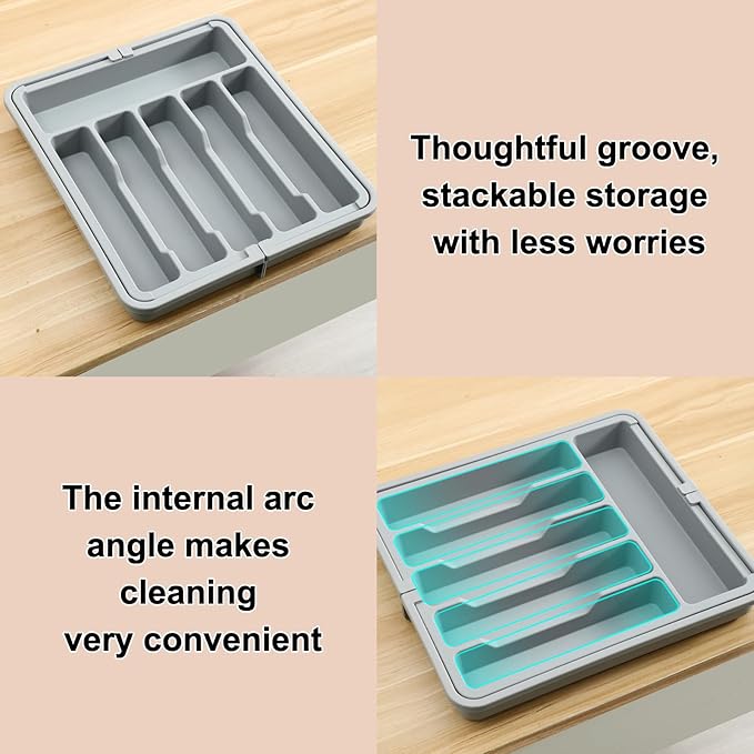 Premium Silverware Organizer for Drawer - Adjustable Utensil Holder Tray, Cutlery Storage Box with Non-Slip Base, Fits Flatware and Kitchen Tools