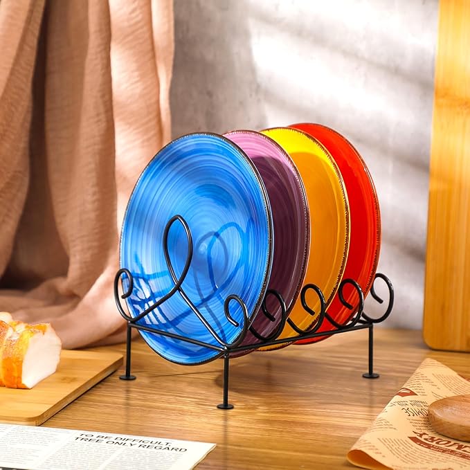 Tandefio 2 Pcs Plate Rack 4 Place Plate Holder Multiple Plates Display Stands 4 Tier Metal Dinnerware Display Stand China Platters Vertical Racks Setting for Cabinet Kitchenware Storage Organizer