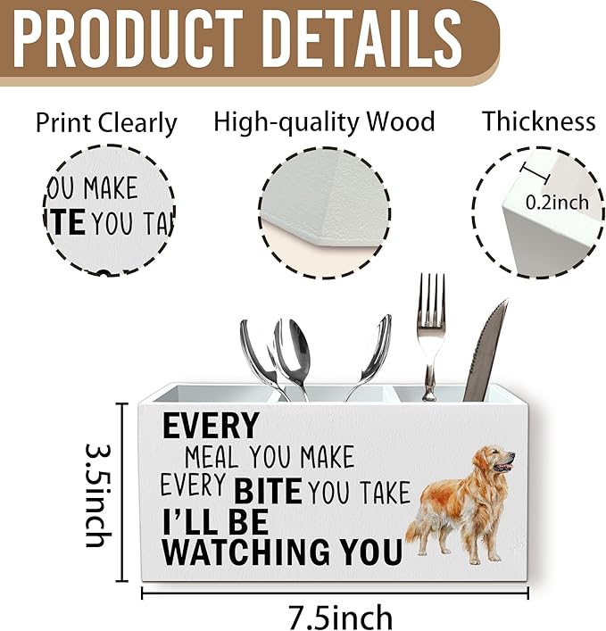 Golden Retriever Dog Kitchen Utensil Holder for Countertop, Dog Decorative Lover Gifts, Funny Every Meal You Make Every Bite You Take Wooden Utensil Holder Organizer for Kitchen Table Decor