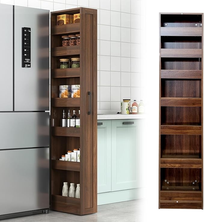 Domesto 7 Tier Slim Storage Cart, Rolling Spice Rack Next to Fridge Slim, Wooden Narrow Buffet Server Storage Shelf Freestanding Shelves Units, for Living Room & Narrow Spaces (Walnut)