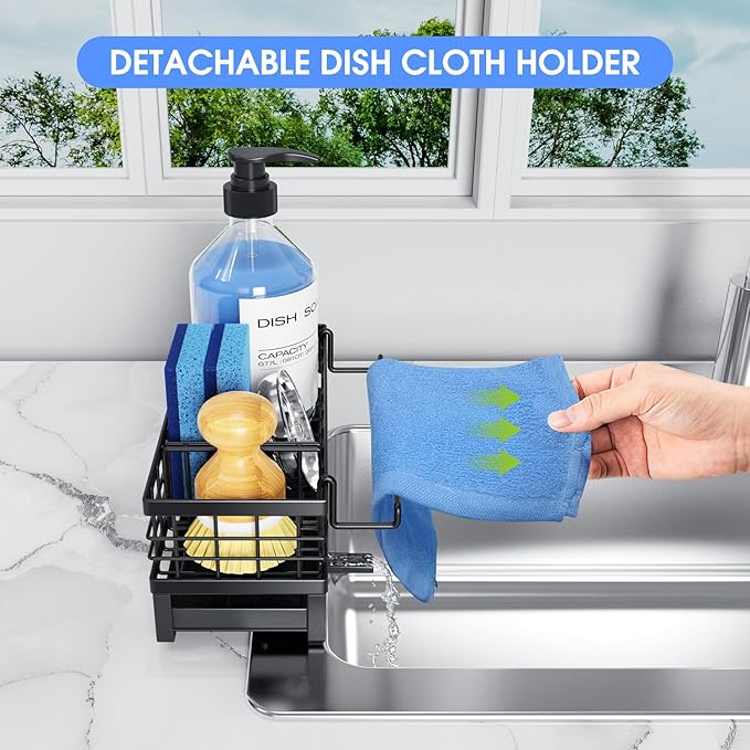 Kitchen Sink Sponge Holder - Self-Draining, Detachable Dish Cloth Holder, Rustproof Kitchen Countertop Organizer, Black