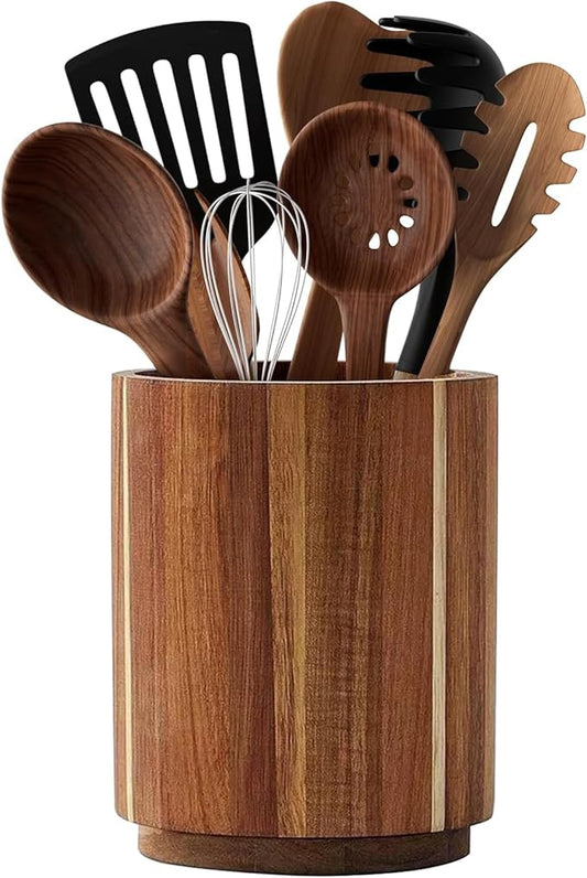 Acacia Wood Utensil Holder - 360° Rotating Countertop Organizer with Non-Slip Base, Large Capacity Kitchen Utensil Crock for Spatula, Spoon & Cooking Tools