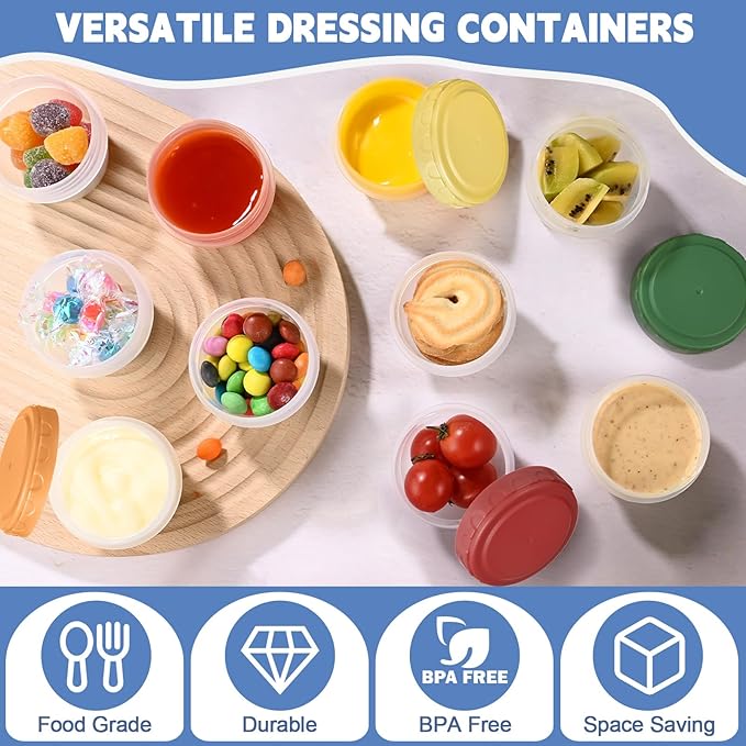 24pcs 2 oz Salad Dressing Container, Reusable Condiment Containers Sauce Cups with Leak-proof Lids, Small Plastic Food Storage Dip Containers for Lunches, Freezer, Microwave & Dishwasher Safe