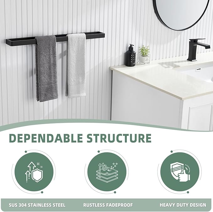 Angle Simple Towel Bar for Bathroom, SUS 304 Stainless Steel Towel Rack Holder Wall Mounted, 22.76", Matte Black