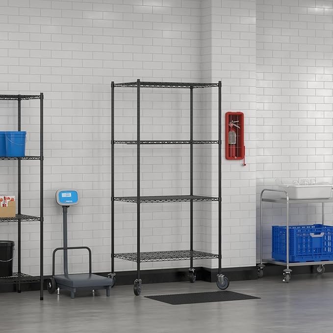 Commercial NSF Listed Black Epoxy Mobile Wire Shelving Kit 24" x 36" x 80", with 4 Shelves Perfect for Warehouse, Walk-in Refrigerator, Freezer, Grocery Store, Restaurant, Dishroom