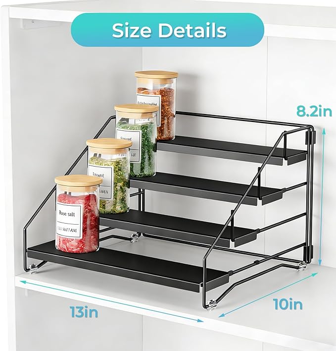 Black Spice Shelf, Tiered Spice Rack Organizer for Cabinet, 4 Tier Countertop Spice Rack, Depth Adjustable Seasoning Organizer for Cabinet