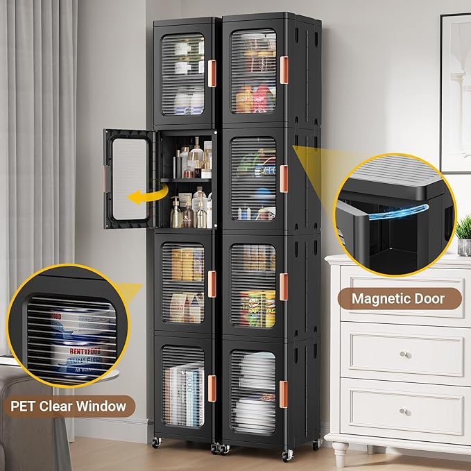 BROVIEW 4-Tier Tall Narrow Storage Cabinet Organizer, Slim Bathroom Cabinets with Adjustable Shelves and Doors, Plastic Kitchen Pantry Organizers and Storages for Small Space, Laundry, Black